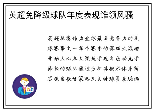 英超免降级球队年度表现谁领风骚