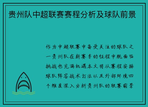 贵州队中超联赛赛程分析及球队前景