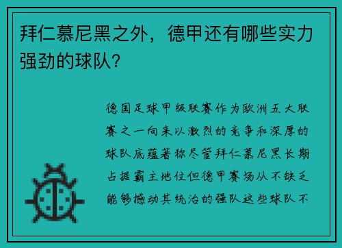 拜仁慕尼黑之外，德甲还有哪些实力强劲的球队？